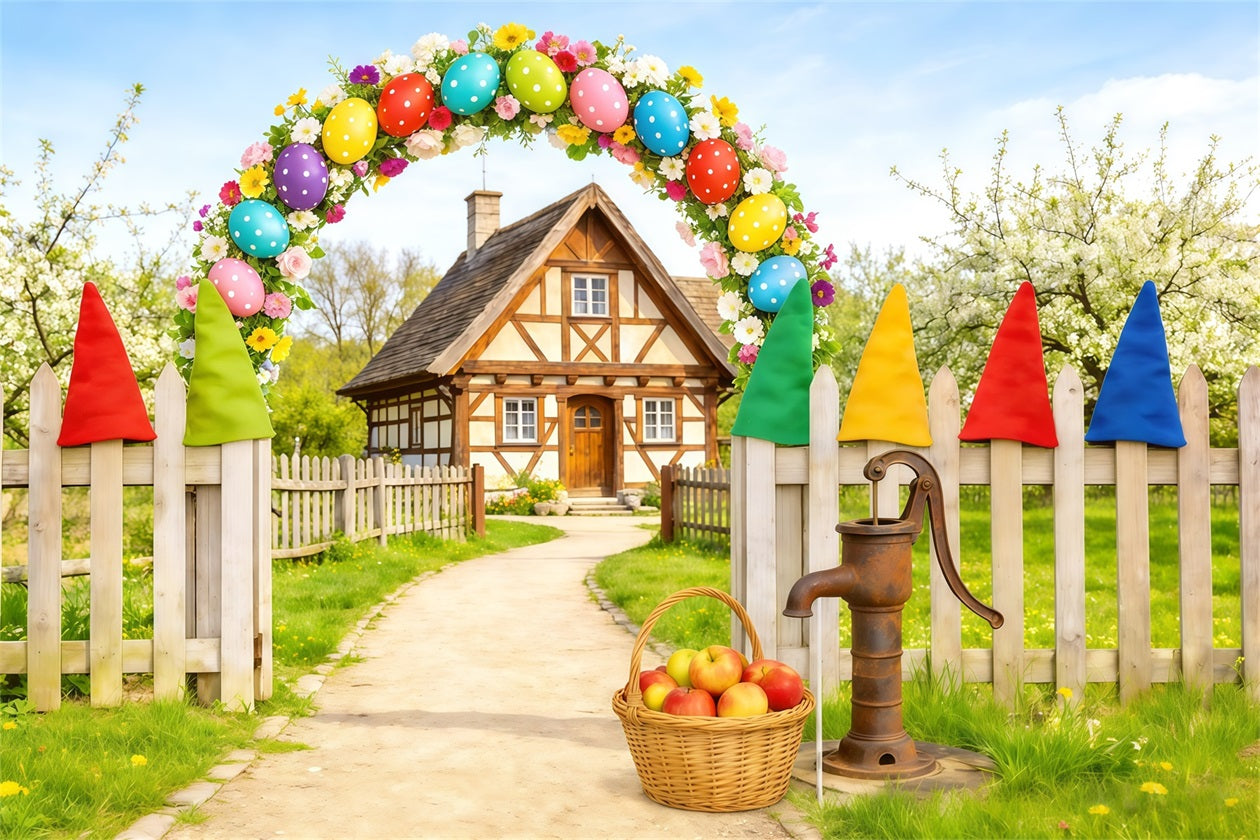 Easter Country Lane Backdrop Egg Arch Gnome Cottage Easter Theme Backdrop UK CSH62-110