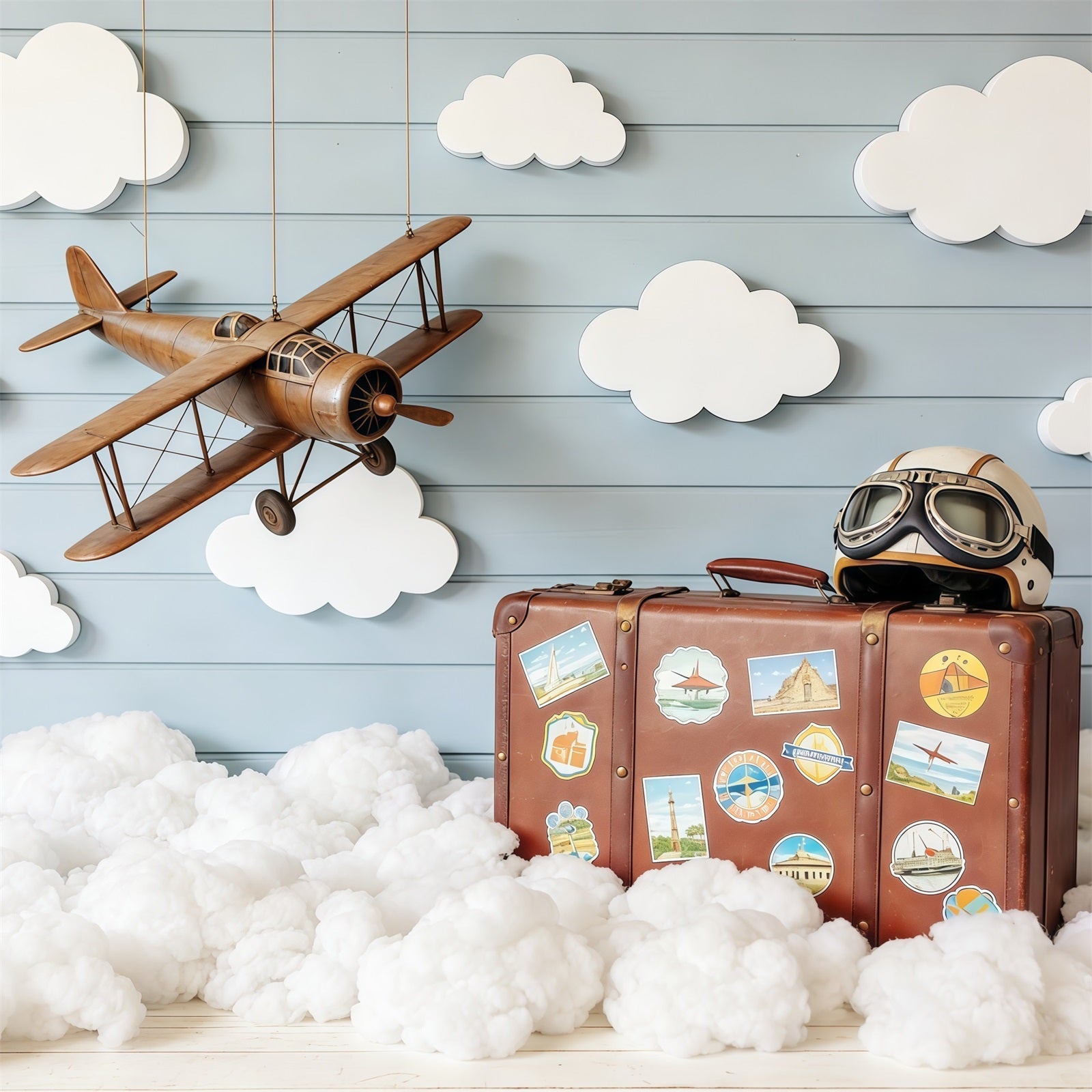 Cloud Photography Backdrop Vintage Plane Suitcase Wood Children Backdrops UK CSH62-116