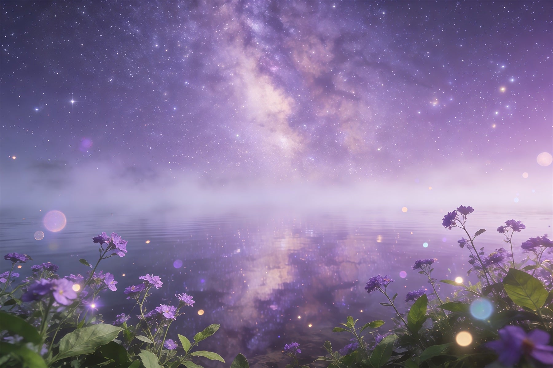 Starry Night Sky Backdrop Purple Galaxy Water Flowers Clouds Backdrop UK CSH62-122
