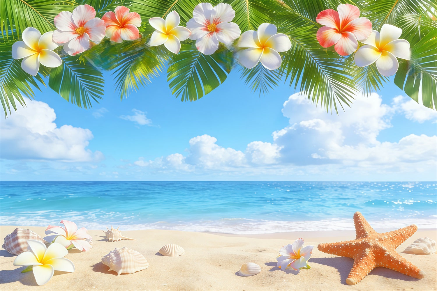 Blue Sky Backdrop Tropical Plumeria Beach Shells Summer Photo Backdrop UK CSH62-127