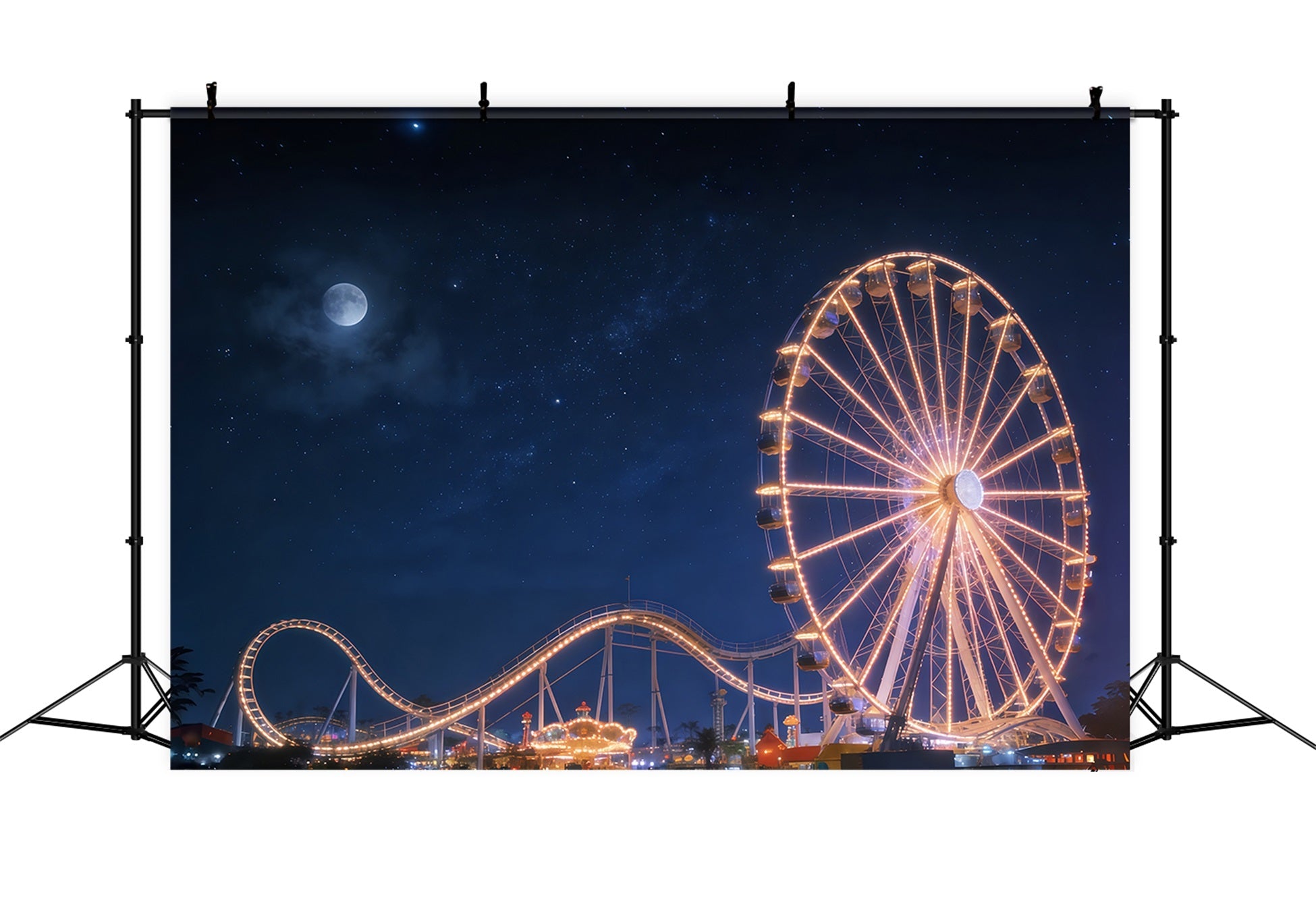 Night Sky Photo Backdrop Moonlit Ferris Wheel Amusement Starry Sky Backdrop UK CSH62-129