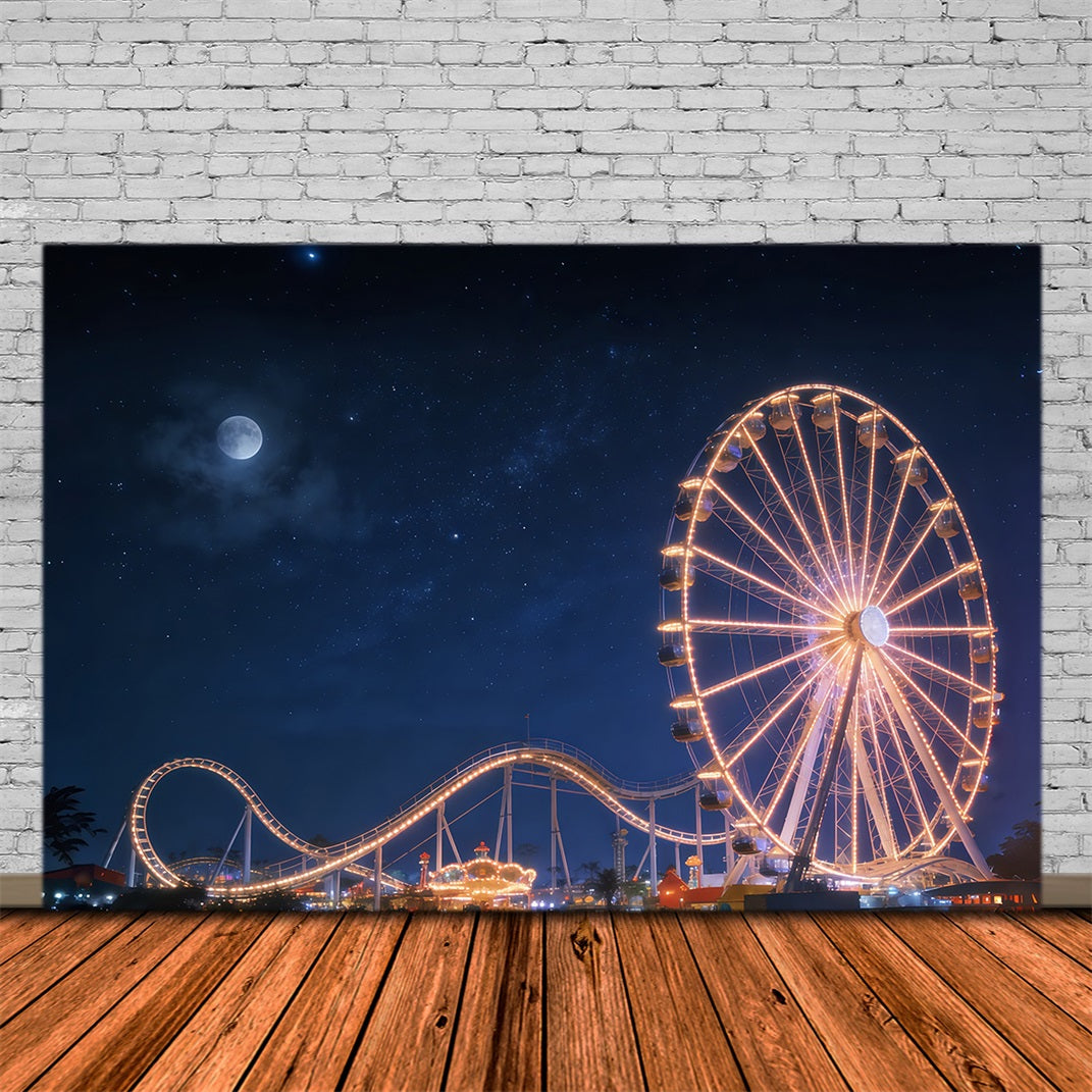 Night Sky Photo Backdrop Moonlit Ferris Wheel Amusement Starry Sky Backdrop UK CSH62-129
