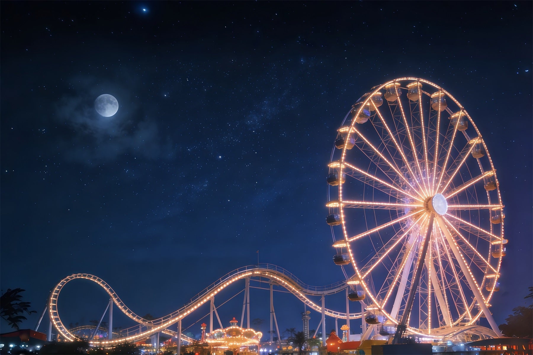 Night Sky Photo Backdrop Moonlit Ferris Wheel Amusement Starry Sky Backdrop UK CSH62-129