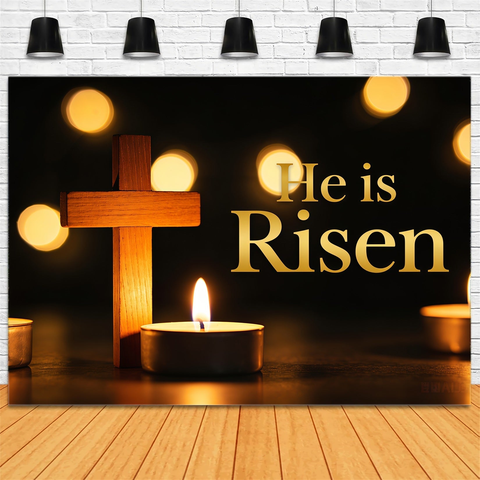 Cross Backdrop He Is Risen Candle Lights Happy Easter Backdrops UK CSH62-63