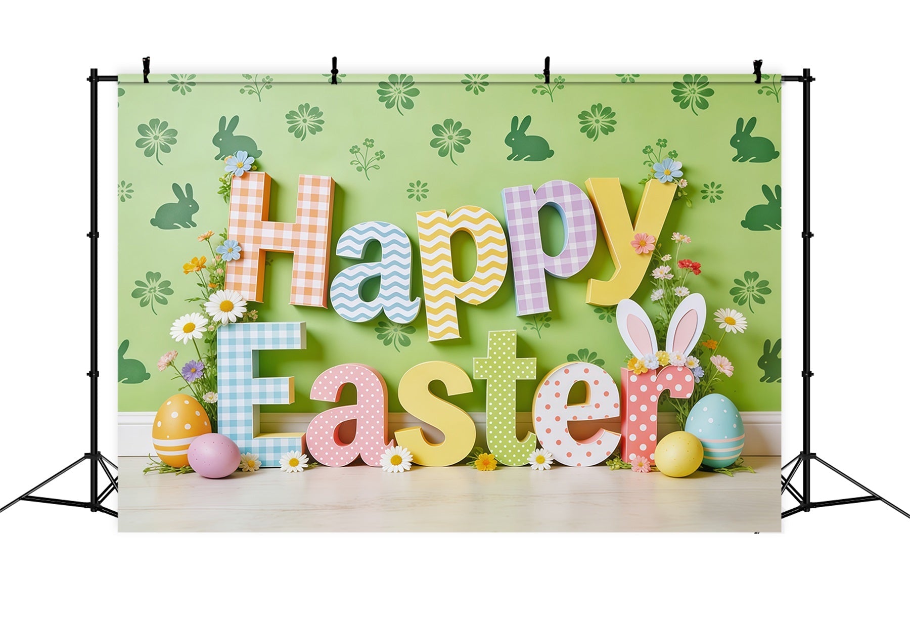 Happy Easter Backdrop Colorful Letters Bunny Eggs Photo Booth Easter Backdrop Ideas UK CSH62-65