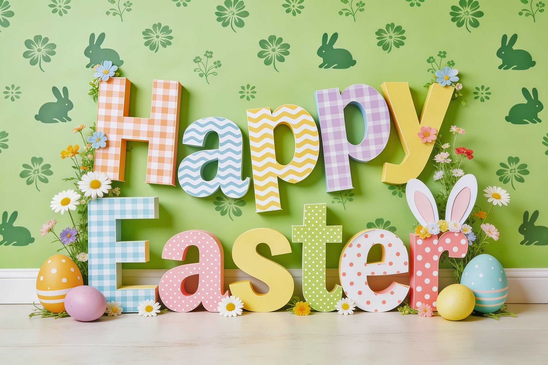 Happy Easter Backdrop Colorful Letters Bunny Eggs Photo Booth Easter Backdrop Ideas UK CSH62-65