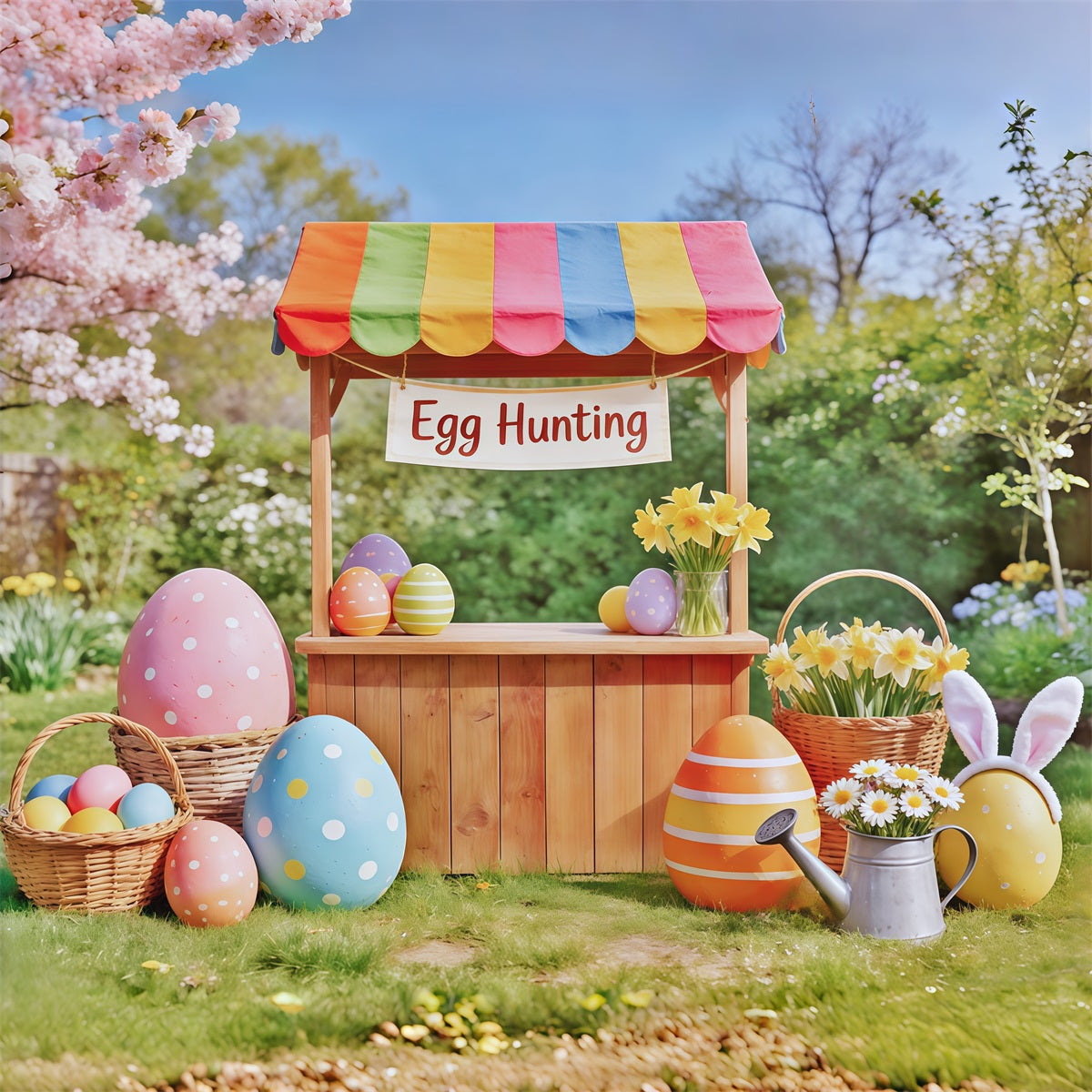 Egg Hunt Backdrop Wooden Cart Cherry Blossom Backdrop Ideas For Easter UK CSH62-67
