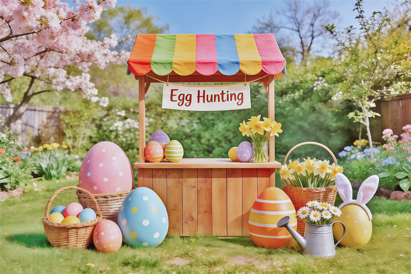 Egg Hunt Backdrop Wooden Cart Cherry Blossom Backdrop Ideas For Easter UK CSH62-67