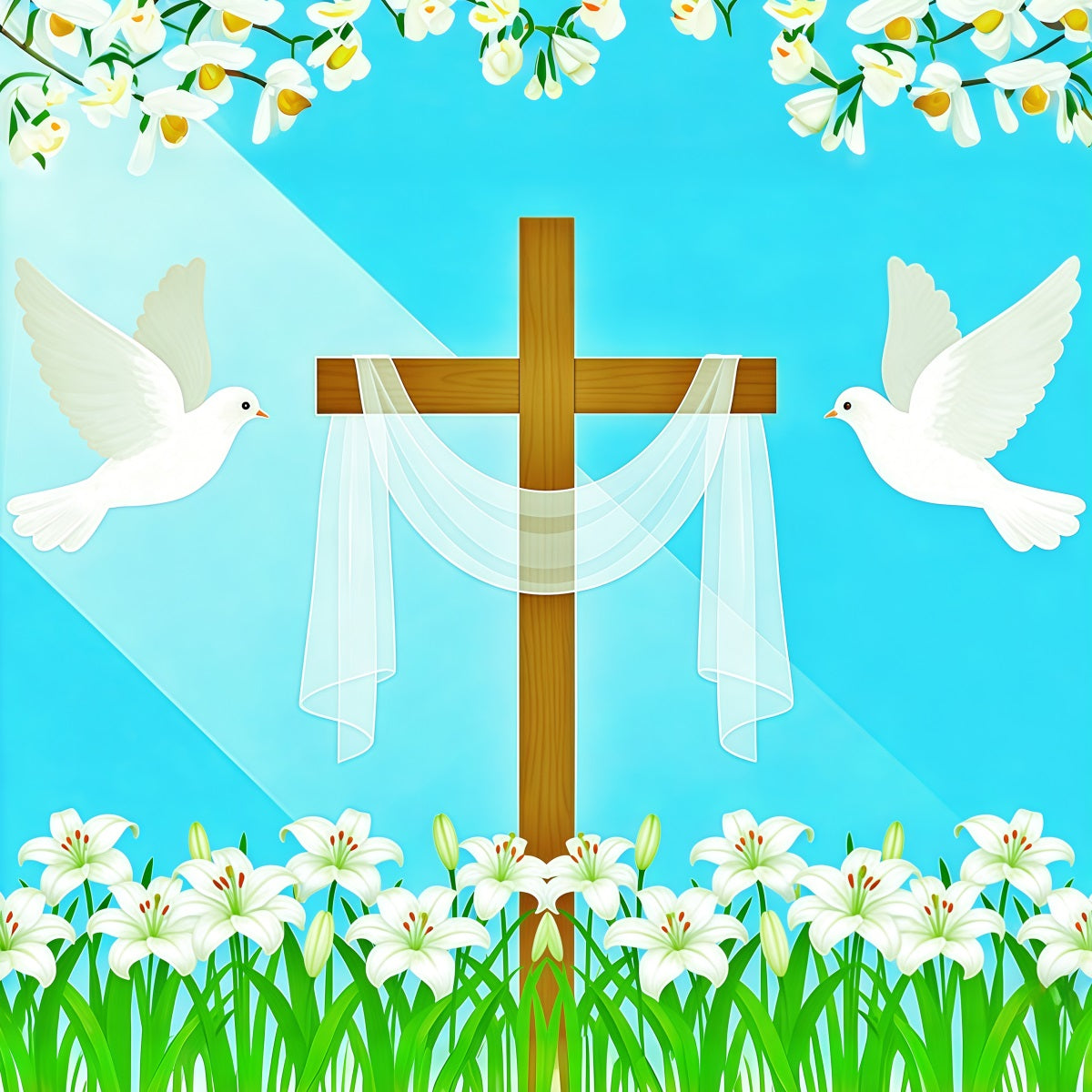 Cross And Lilies Backdrop Doves Religious Light Beam Easter Backdrop Photos UK CSH62-68