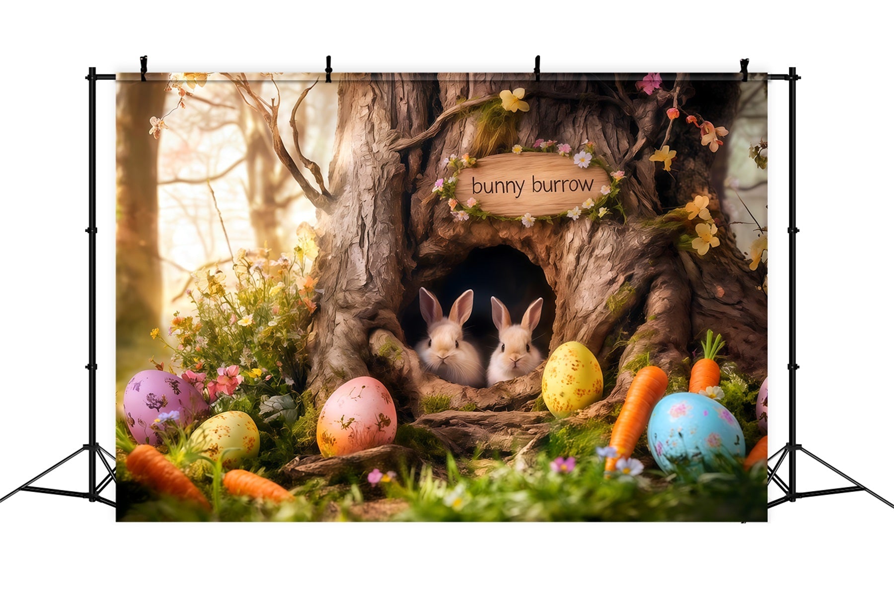 Bunny Burrow Backdrop Tree Hole Carrot Eggs Easter Photo Booth Backdrop Ideas UK CSH62-69