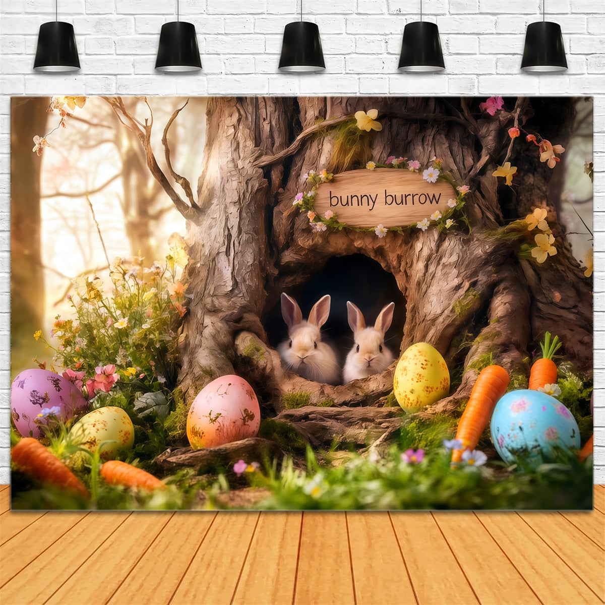 Bunny Burrow Backdrop Tree Hole Carrot Eggs Easter Photo Booth Backdrop Ideas UK CSH62-69