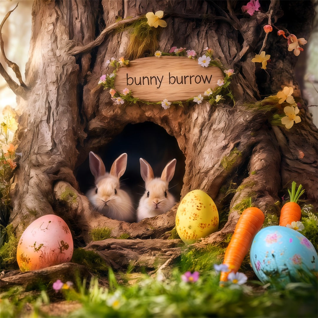 Bunny Burrow Backdrop Tree Hole Carrot Eggs Easter Photo Booth Backdrop Ideas UK CSH62-69