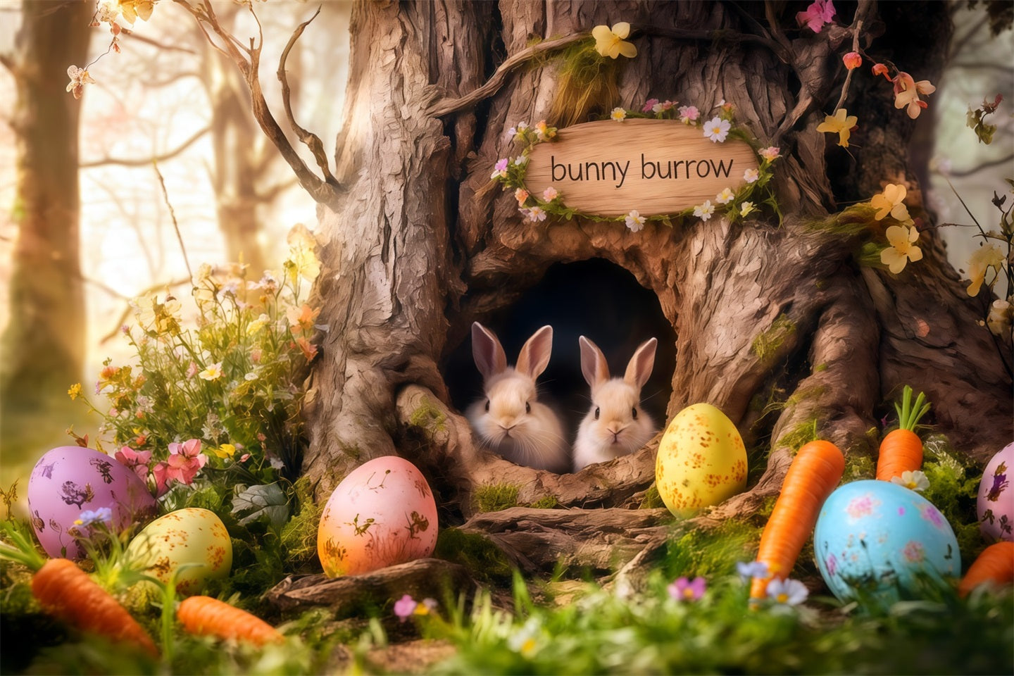 Bunny Burrow Backdrop Tree Hole Carrot Eggs Easter Photo Booth Backdrop Ideas UK CSH62-69
