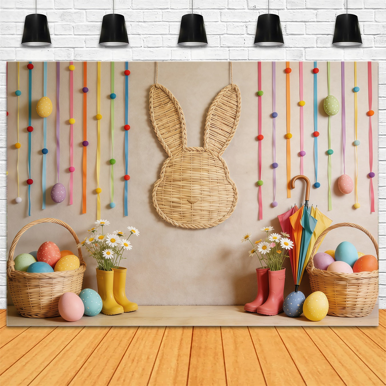Easter Basket Backdrop Wicker Bunny Egg Daisy Photo Backdrop For Easter UK CSH62-71