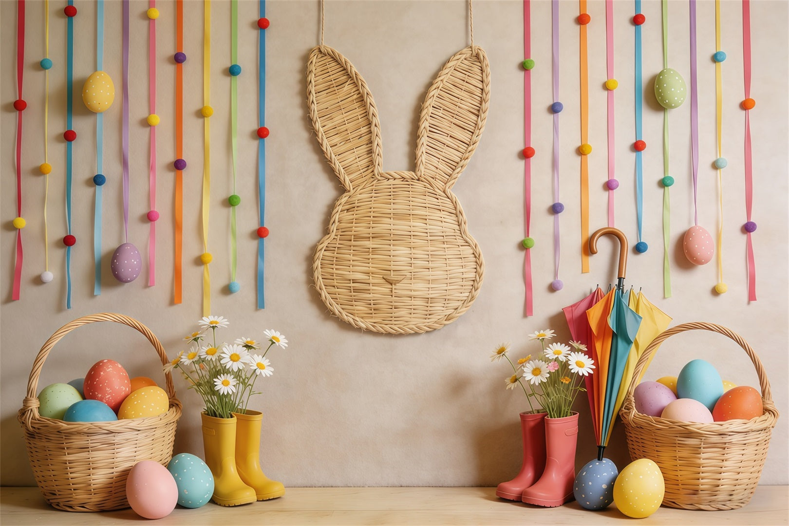 Easter Basket Backdrop Wicker Bunny Egg Daisy Photo Backdrop For Easter UK CSH62-71