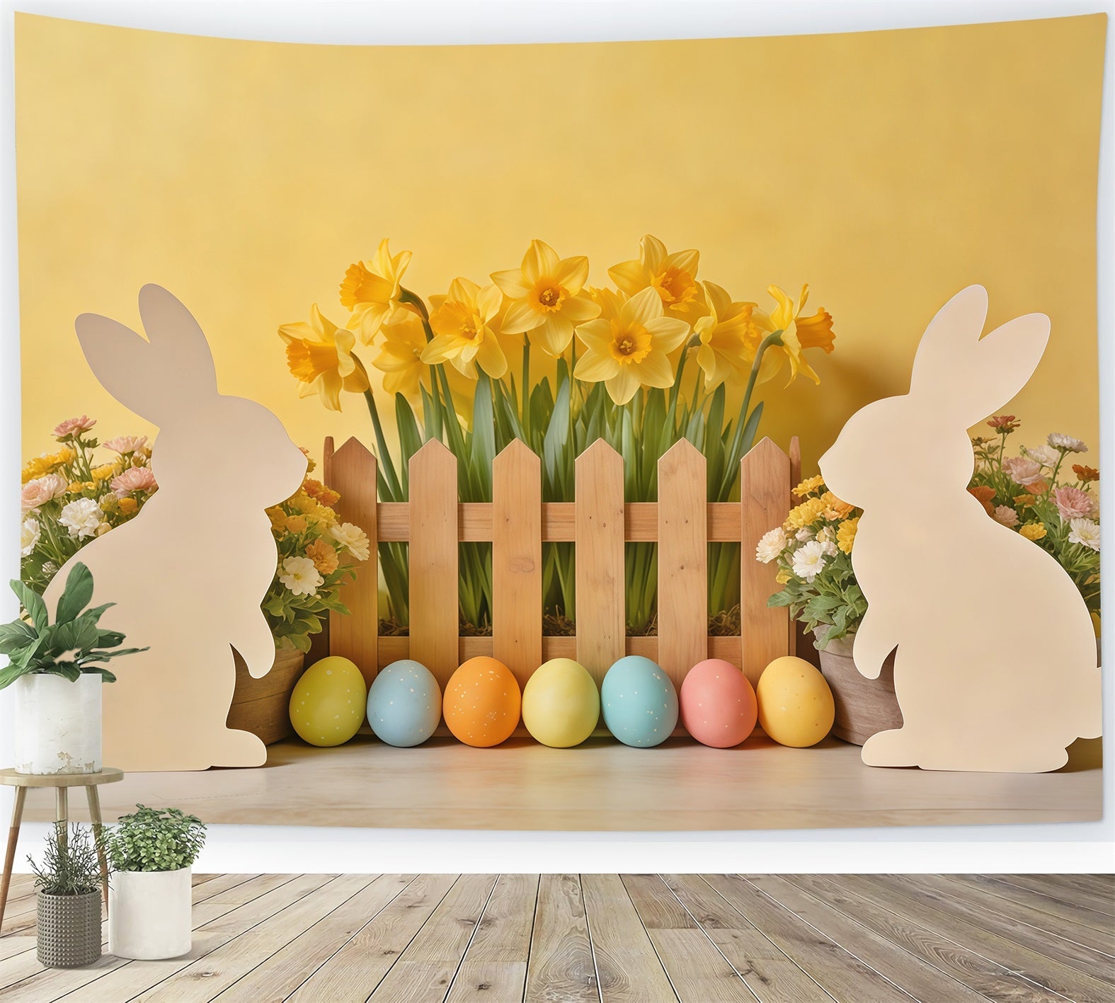 Easter Bunny Silhouette Backdrop Daffodil,l Eggs Wooden Fence Photography Easter Backdrop Ideas UK CSH62-73