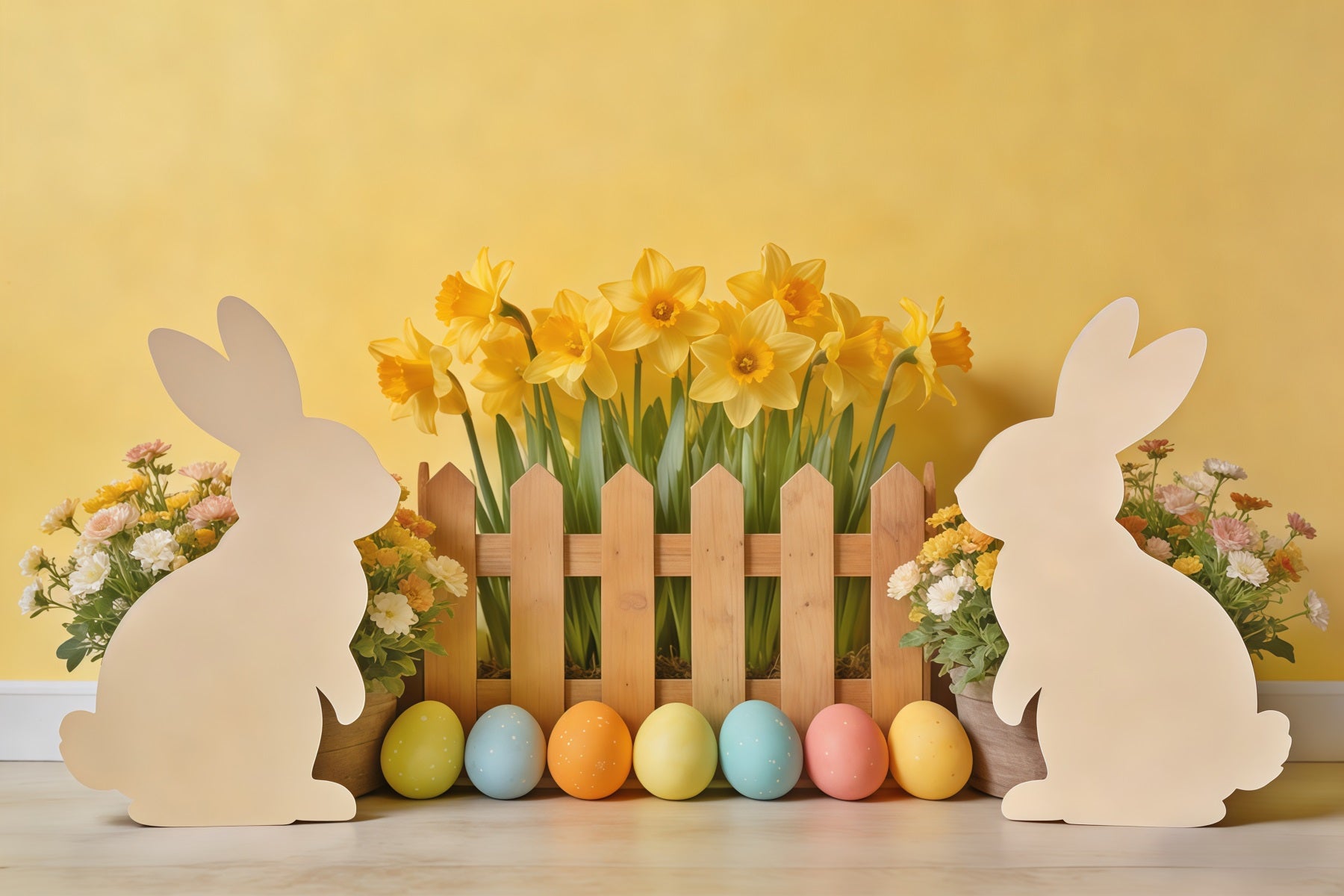 Easter Bunny Silhouette Backdrop Daffodil,l Eggs Wooden Fence Photography Easter Backdrop Ideas UK CSH62-73