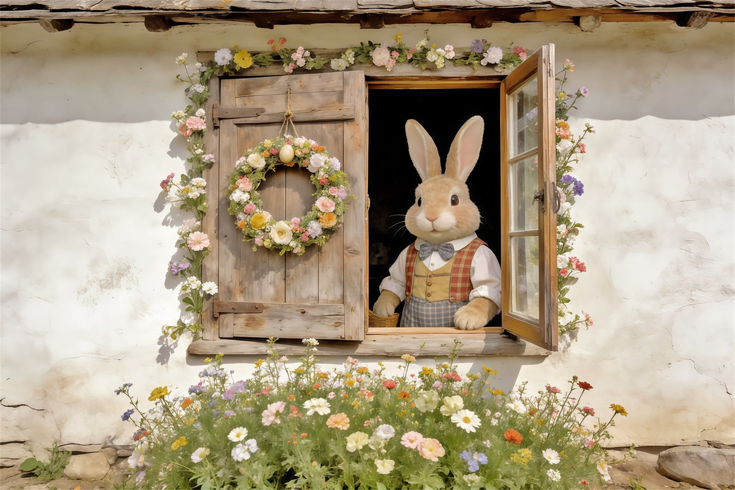 Easter Rabbit Backdrop Bunny Window Floral Wreath Easter Play Backdrops UK CSH62-74