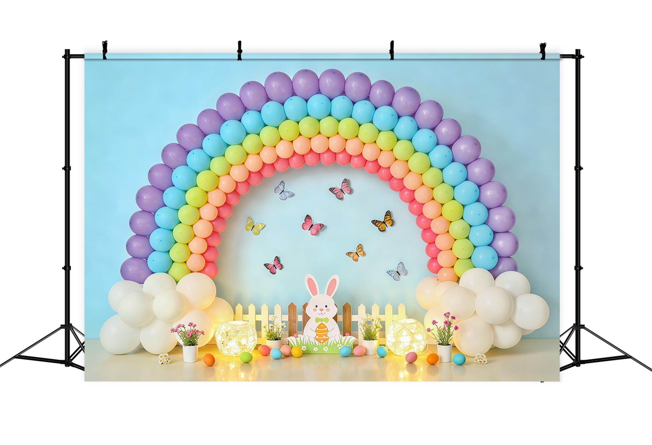 Easter Butterfly Backdrop Balloon Rainbow Bunny Fence Photography Backdrops For Easter UK CSH62-80
