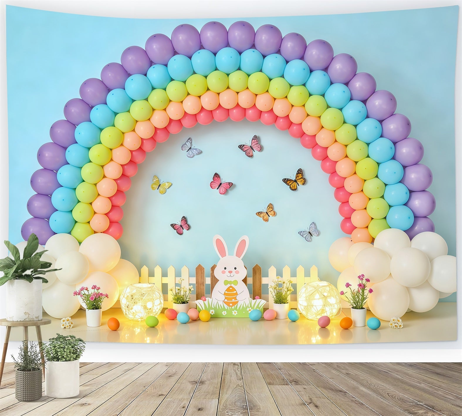 Easter Butterfly Backdrop Balloon Rainbow Bunny Fence Photography Backdrops For Easter UK CSH62-80