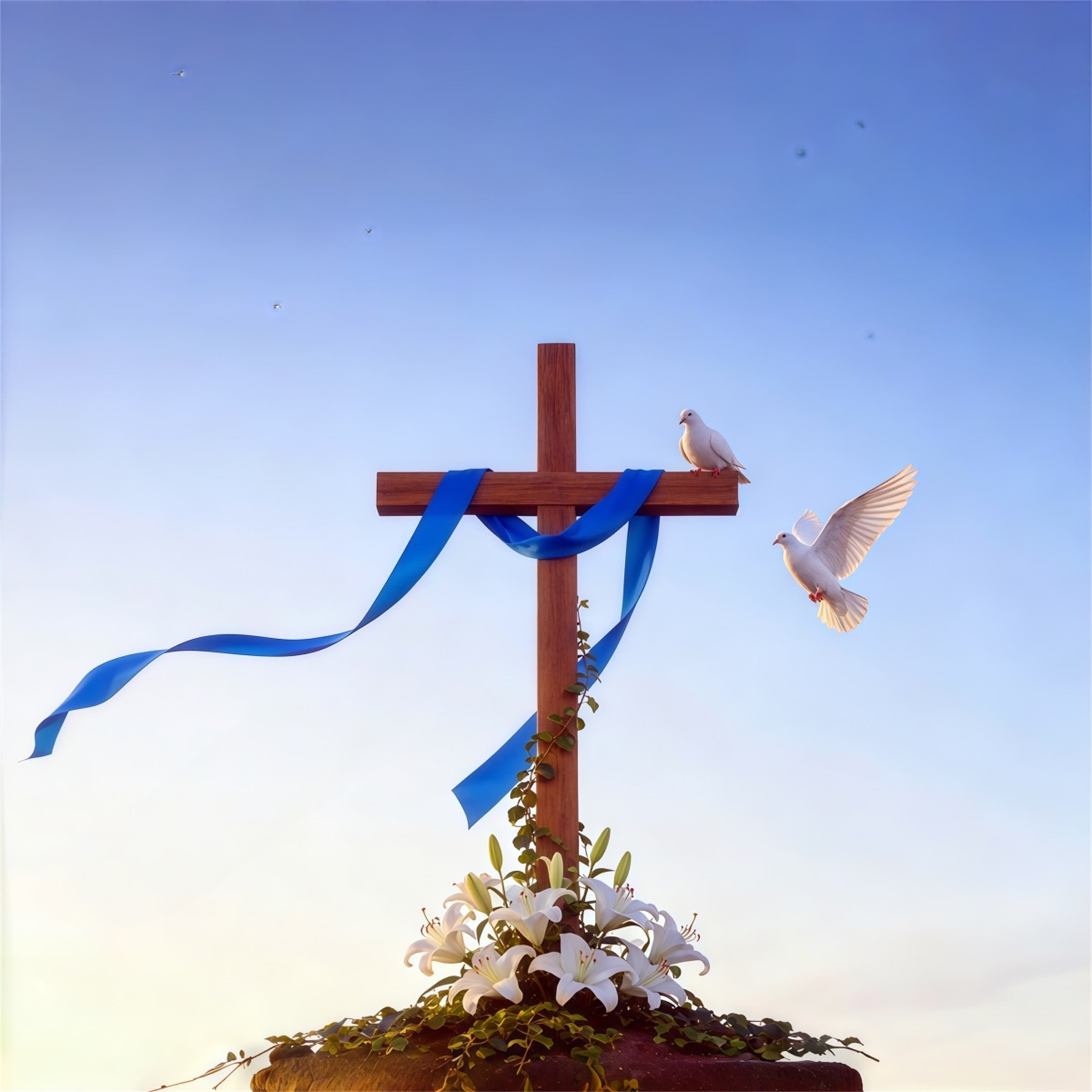 Easter Cross Backdrop Lily Doves Blue Ribbon Simple Easter Photo Backdrop UK CSH62-82