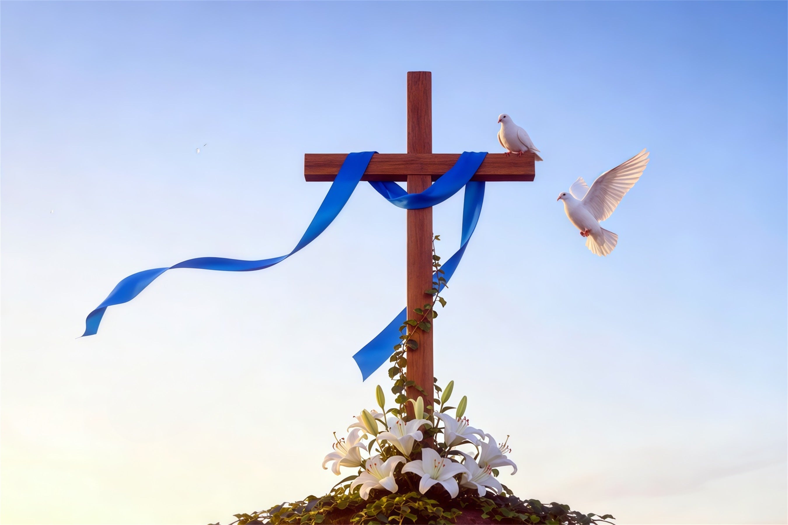 Easter Cross Backdrop Lily Doves Blue Ribbon Simple Easter Photo Backdrop UK CSH62-82