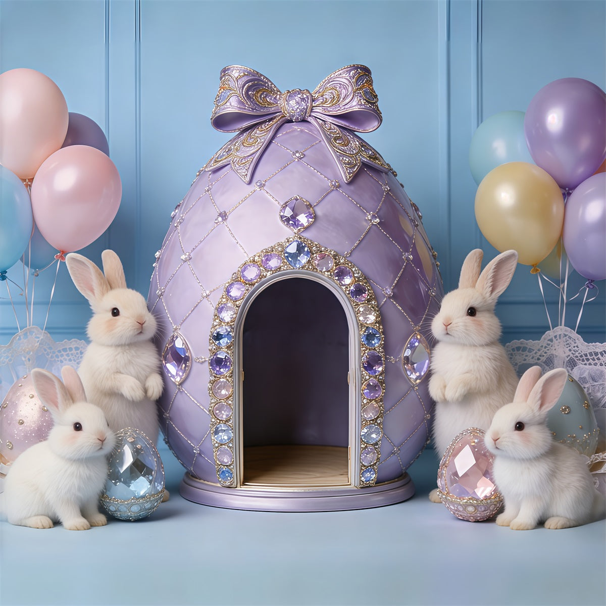 Easter Pastel Balloons Backdrop Jeweled Egg House Bunny My First Easter Backdrop UK CSH62-85