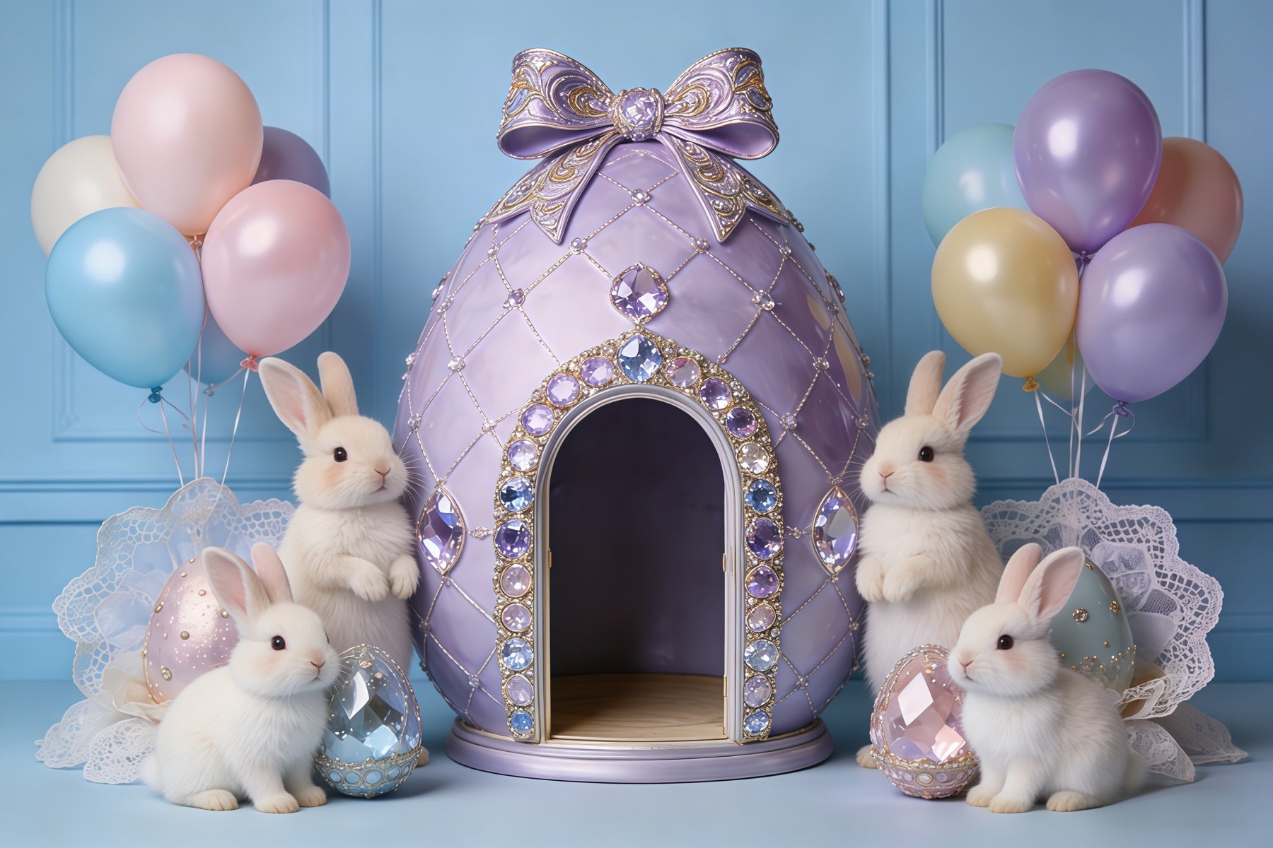 Easter Pastel Balloons Backdrop Jeweled Egg House Bunny My First Easter Backdrop UK CSH62-85