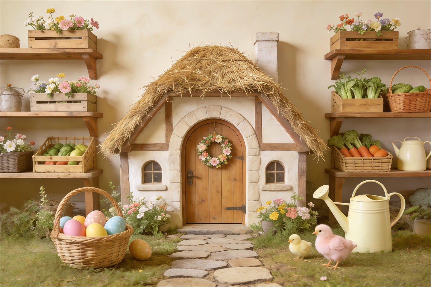 Easter Marshmallow Chick Backdrop Thatched Cottage Egg Basket Easter Backdrops Photo UK CSH62-87