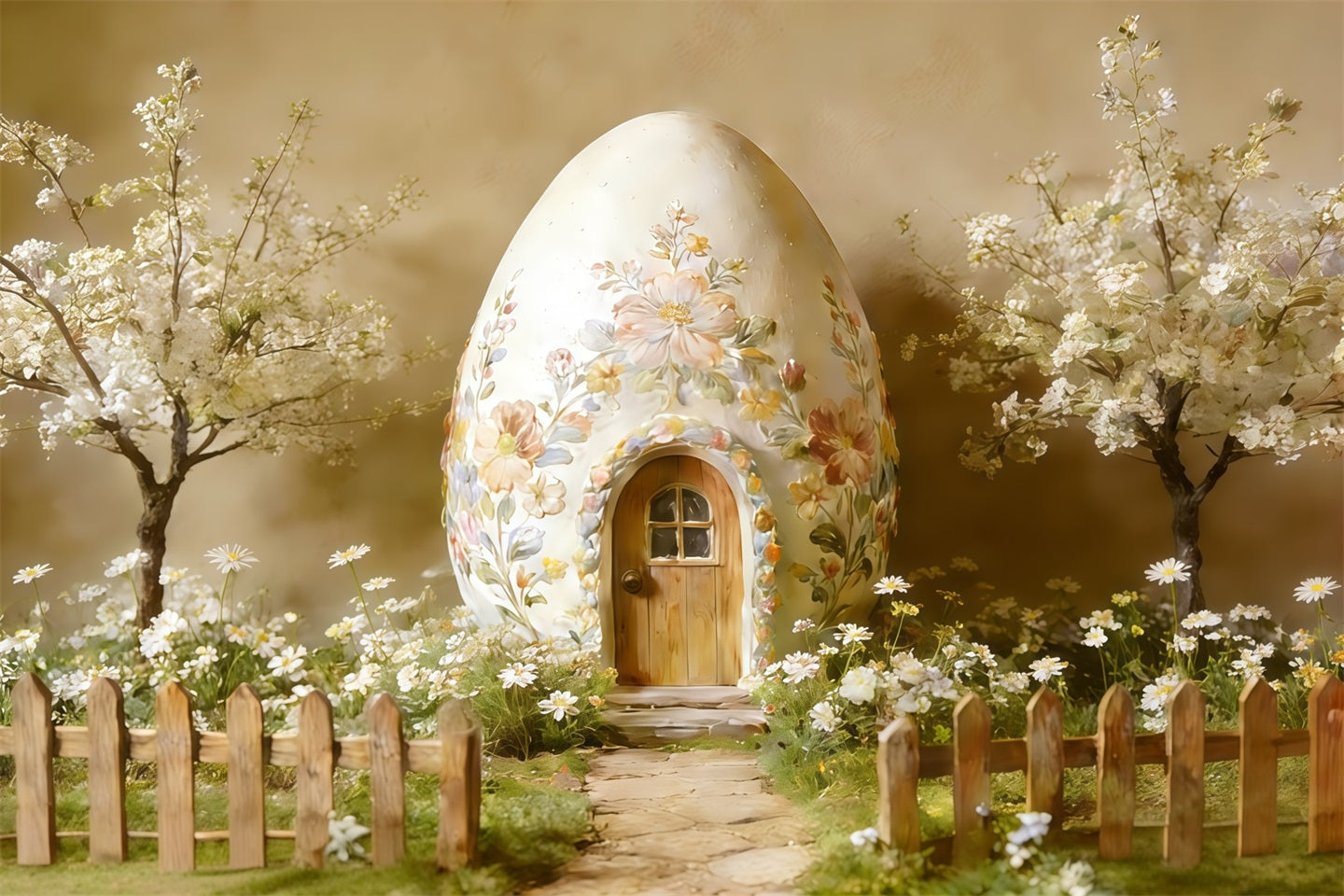 Easter Cottage Garden Backdrop Floral Egg House Blossoms Easter Photography Backdrop Ideas UK CSH62-89