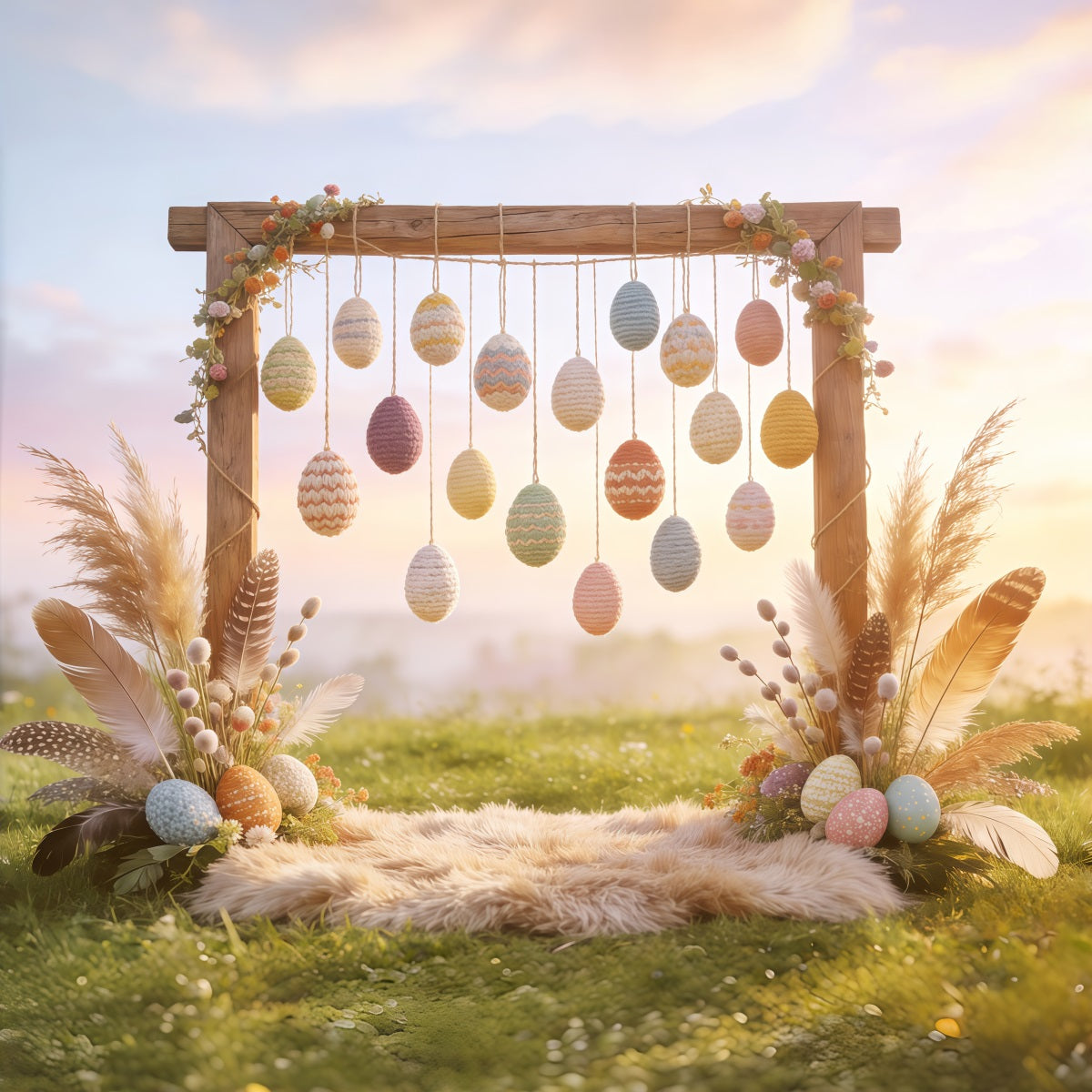 Easter Boho Backdrop Crochet Egg Feather Hay Backdrops For Easter Pictures UK CSH62-93