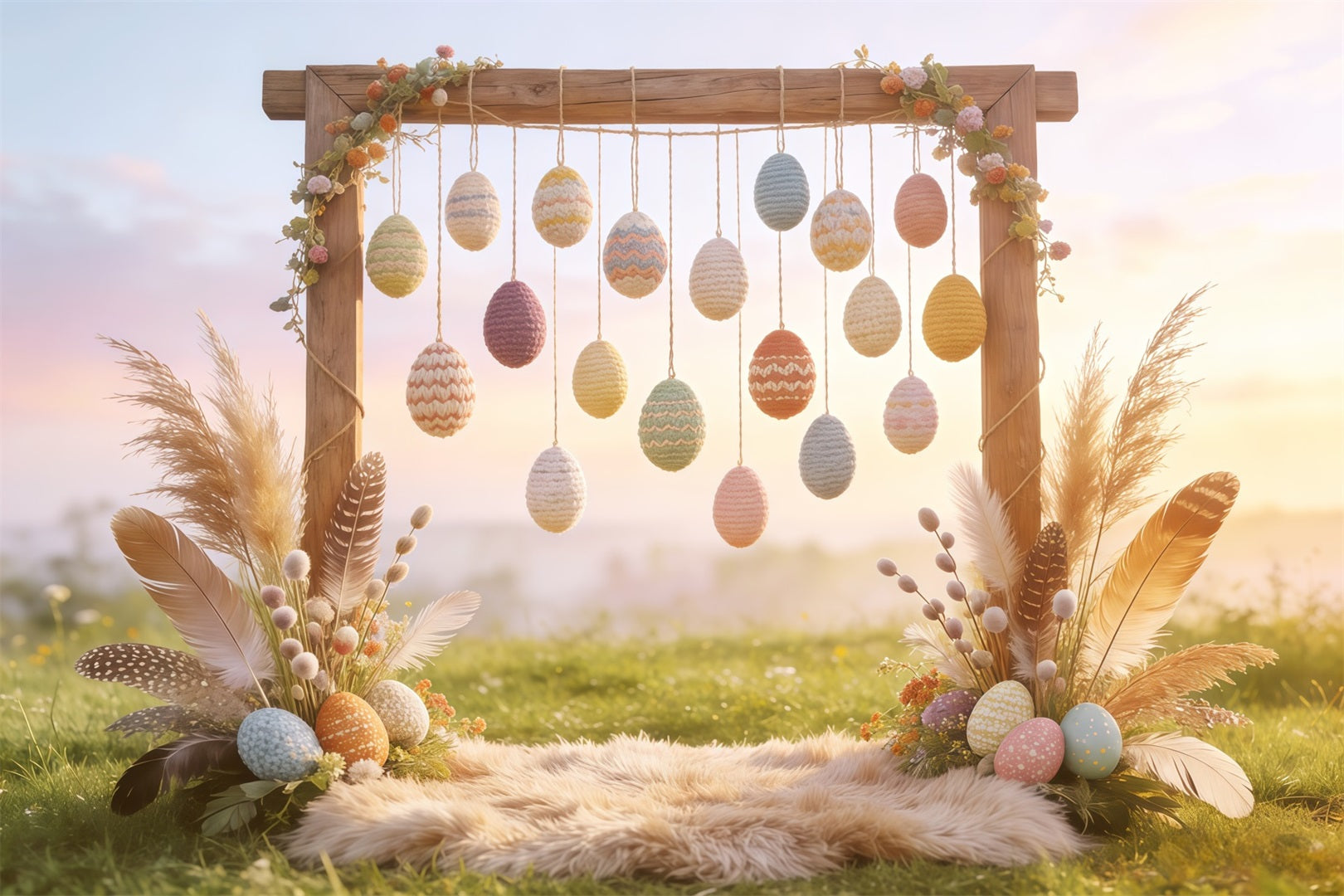 Easter Boho Backdrop Crochet Egg Feather Hay Backdrops For Easter Pictures UK CSH62-93