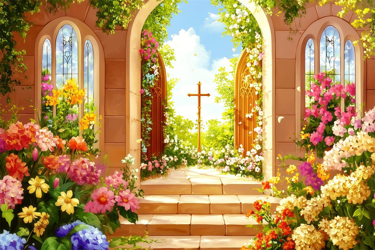 Easter Religious Backdrop Garden Doors Cross Blooms Easter Themed Backdrop UK CSH62-99