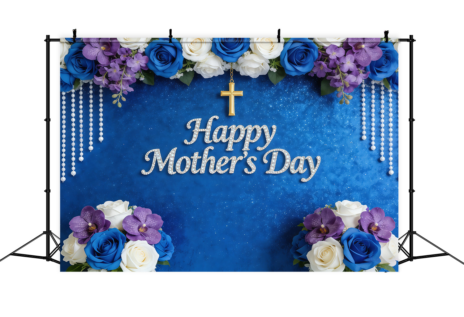 Mothers Day Church Backdrop Blue Rose Orchid Pearl Cross Mother's Day Backdrop Design UK CSH63-100