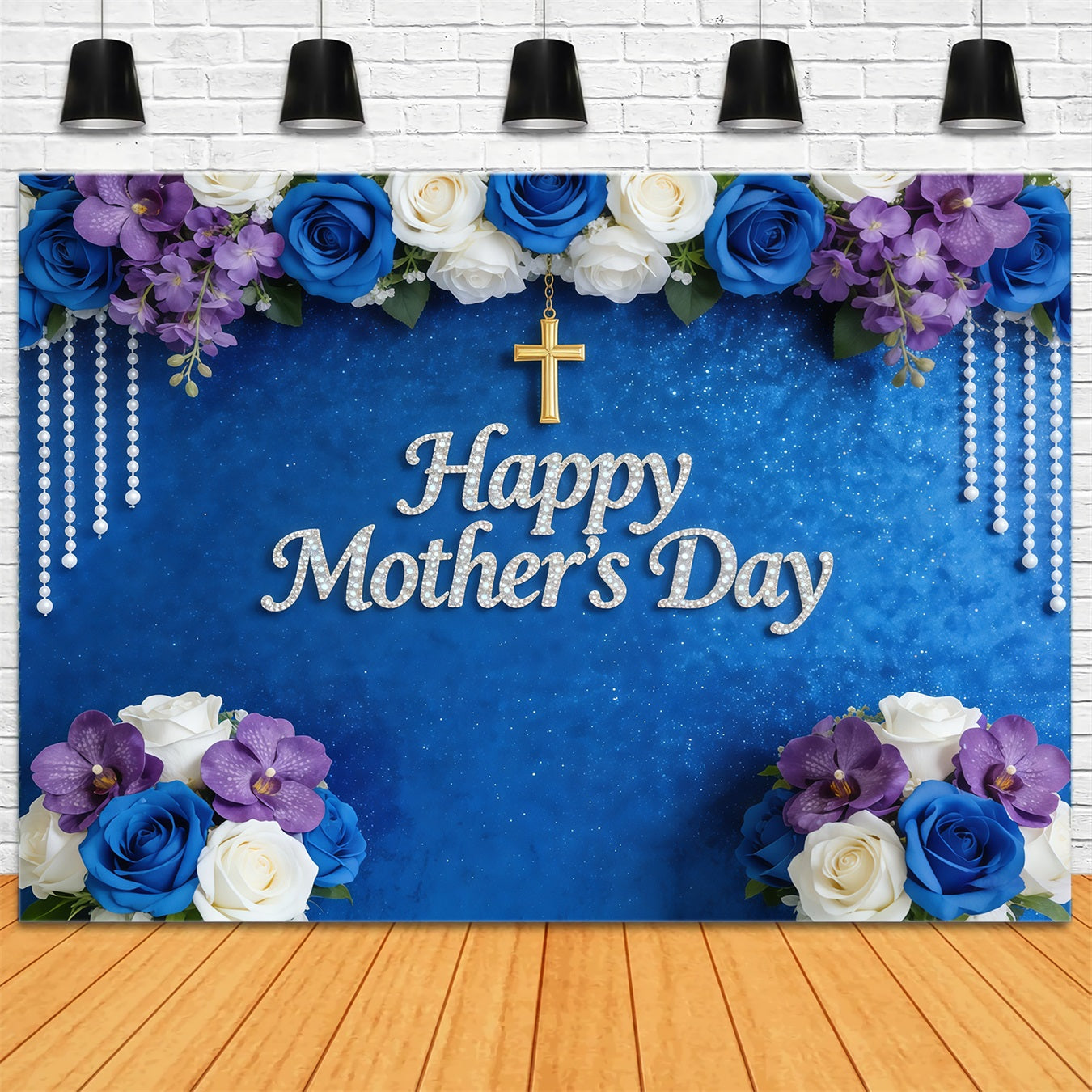 Mothers Day Church Backdrop Blue Rose Orchid Pearl Cross Mother's Day Backdrop Design UK CSH63-100