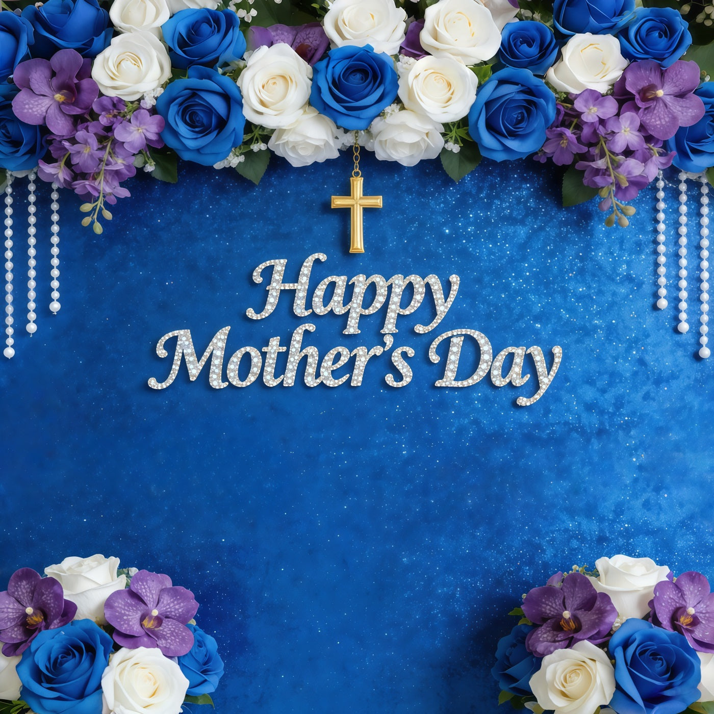 Mothers Day Church Backdrop Blue Rose Orchid Pearl Cross Mother's Day Backdrop Design UK CSH63-100