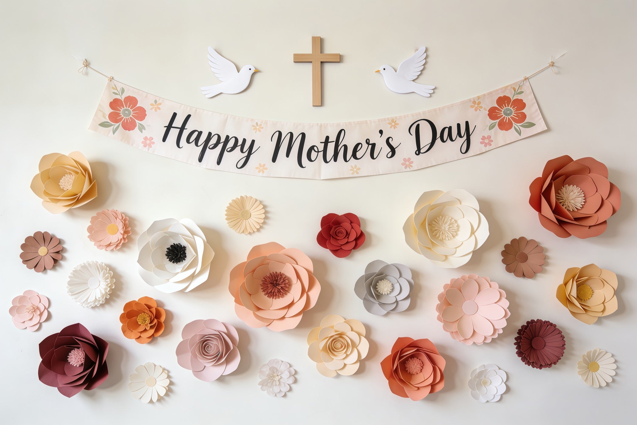 Mother's Day Church Backdrop Paper Flower Banner Dove Cross Mother's Day Photography Backdrops UK CSH63-103