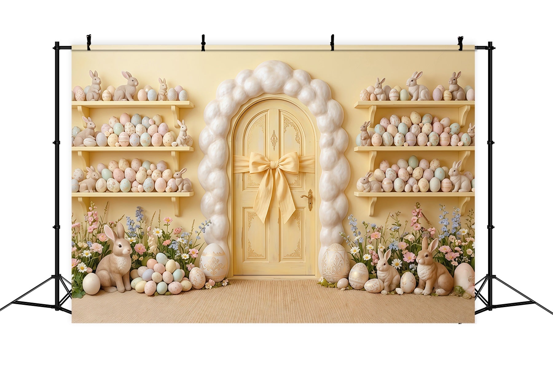 Egg Backdrop Yellow Door Wall Bunny Egg Shelves Easter Backdrop For Pictures UK CSH63-11