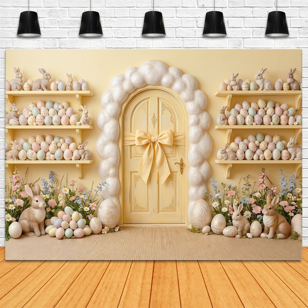 Egg Backdrop Yellow Door Wall Bunny Egg Shelves Easter Backdrop For Pictures UK CSH63-11