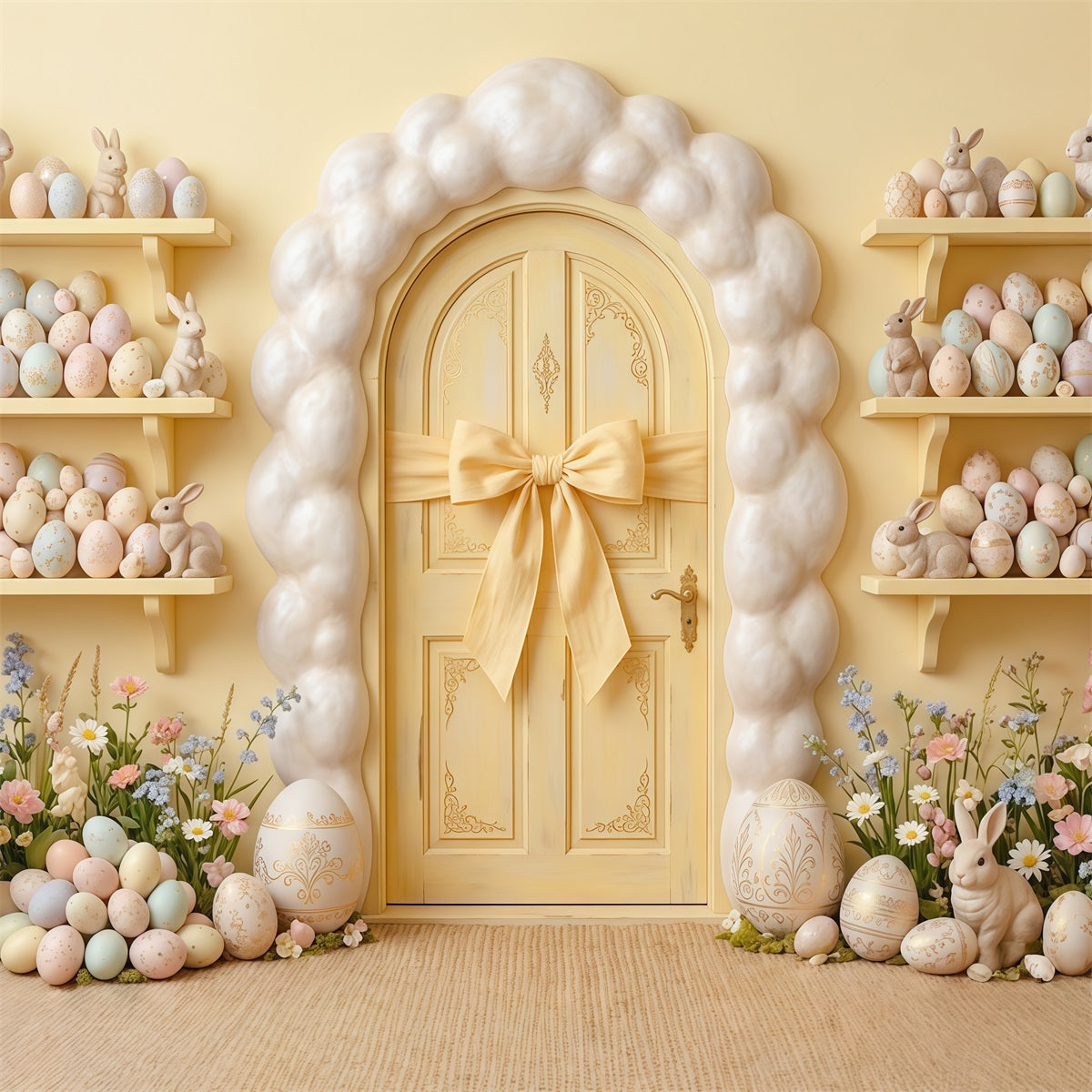 Egg Backdrop Yellow Door Wall Bunny Egg Shelves Easter Backdrop For Pictures UK CSH63-11