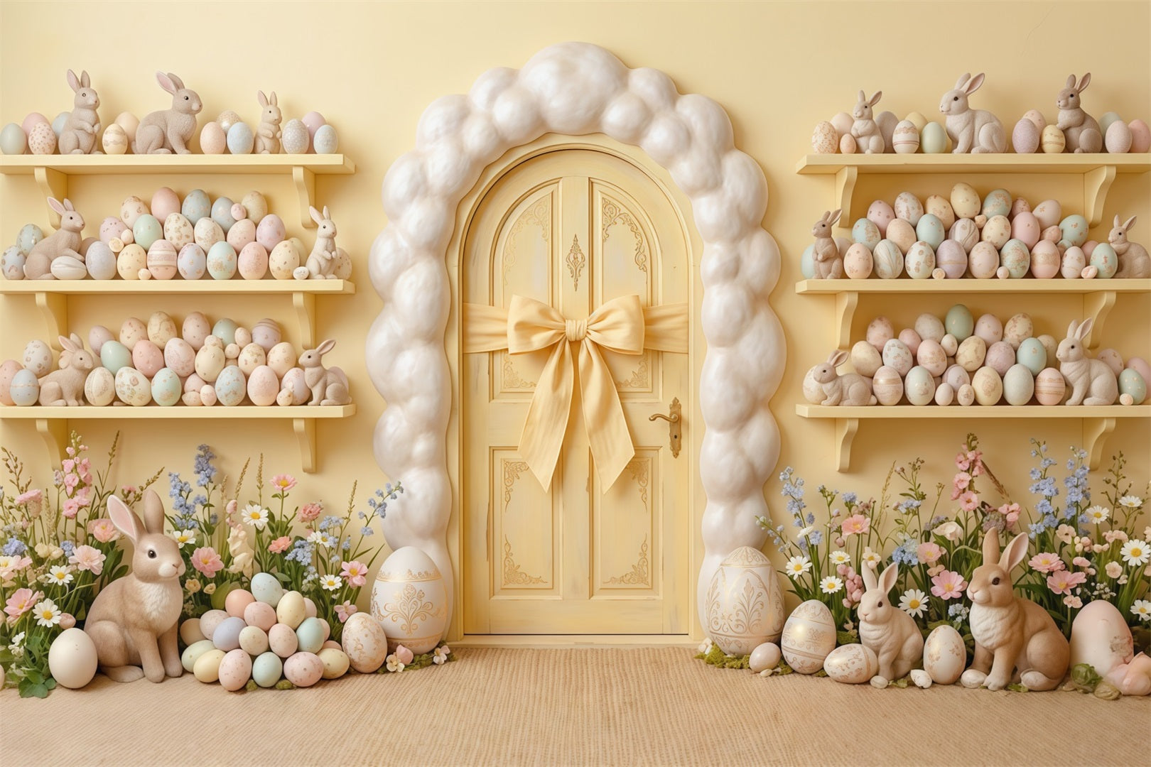 Egg Backdrop Yellow Door Wall Bunny Egg Shelves Easter Backdrop For Pictures UK CSH63-11