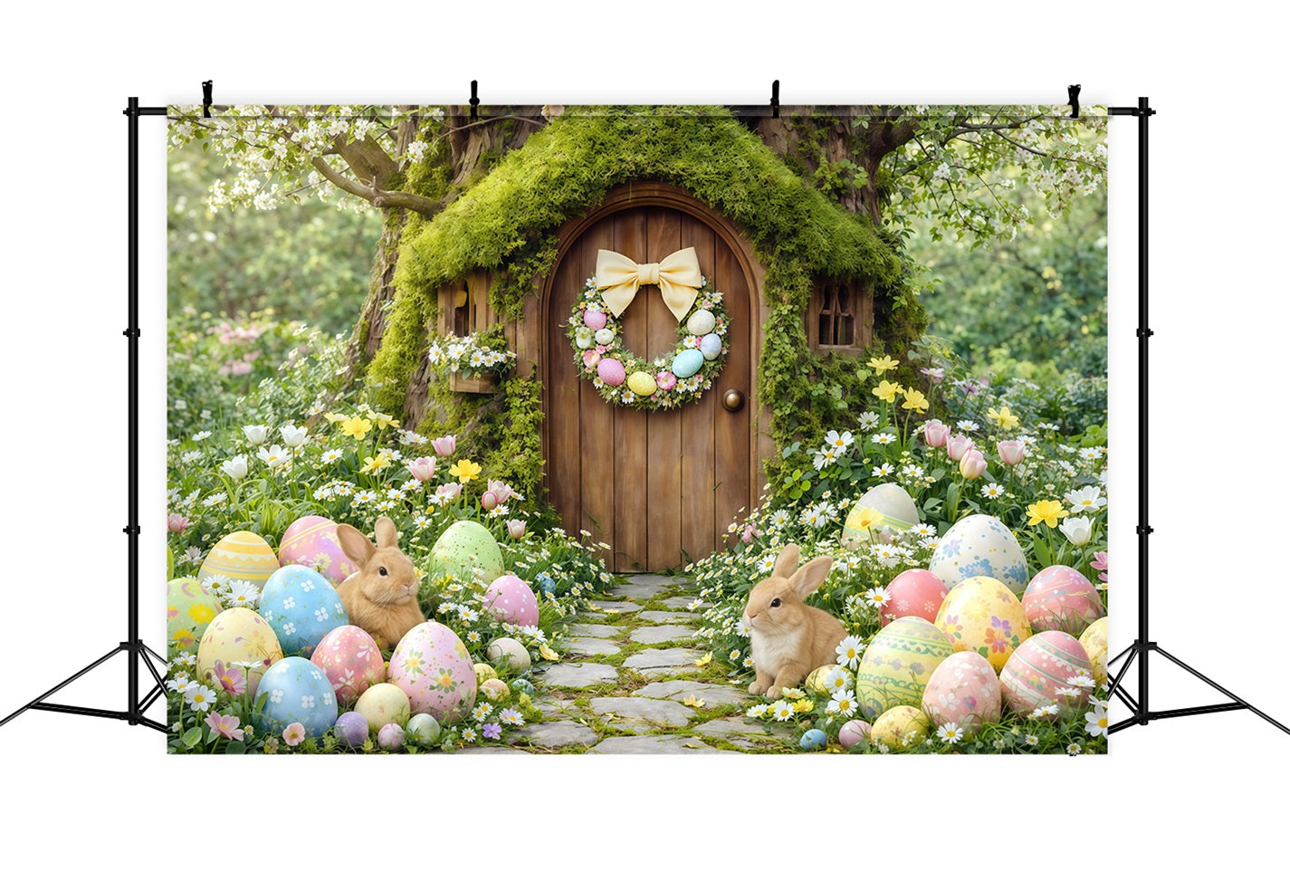 Easter Woodland Path Backdrop Forest Bunny Cottage Painted Eggs Happy Easter Backdrop UK CSH63-12