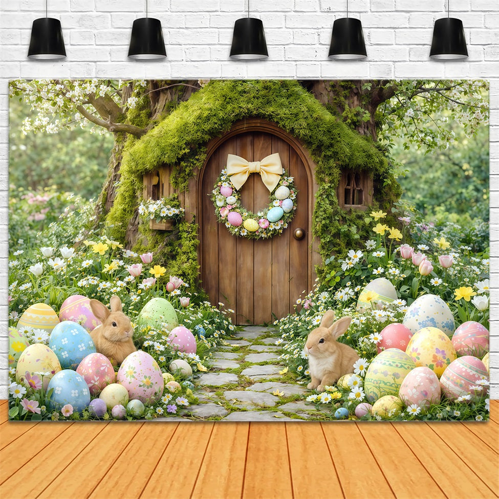 Easter Woodland Path Backdrop Forest Bunny Cottage Painted Eggs Happy Easter Backdrop UK CSH63-12