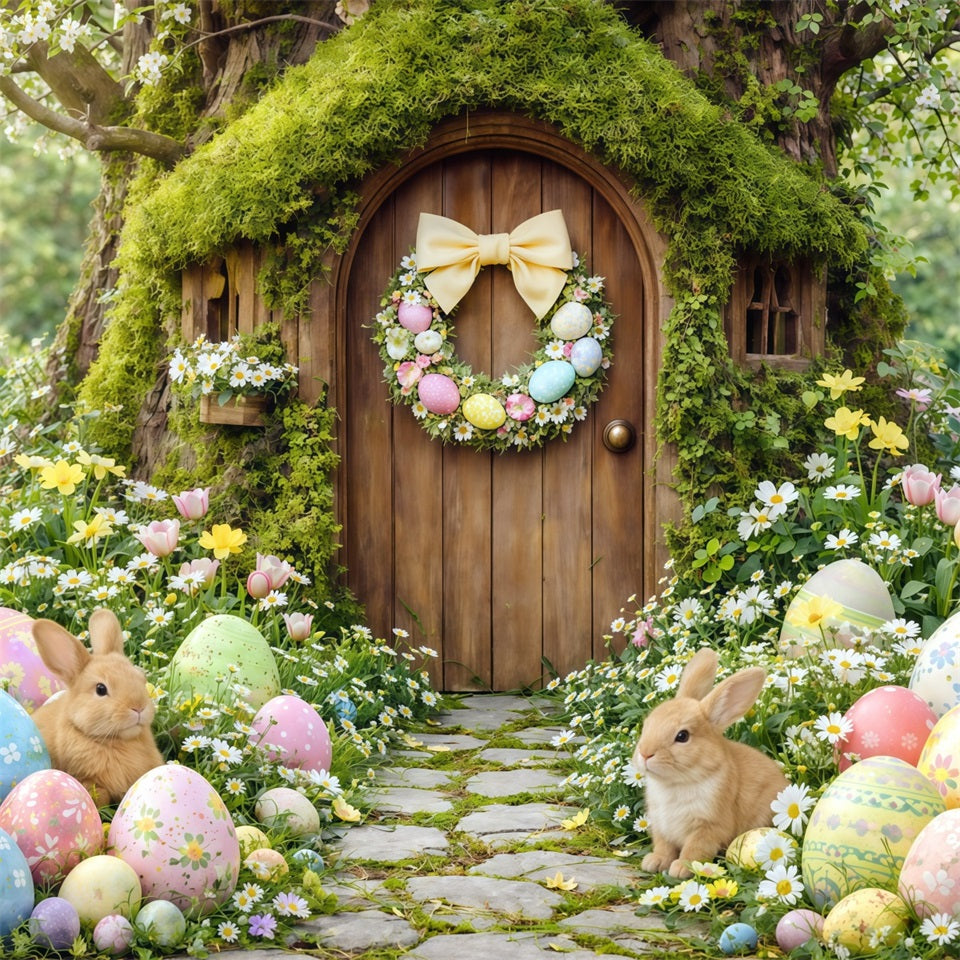 Easter Woodland Path Backdrop Forest Bunny Cottage Painted Eggs Happy Easter Backdrop UK CSH63-12