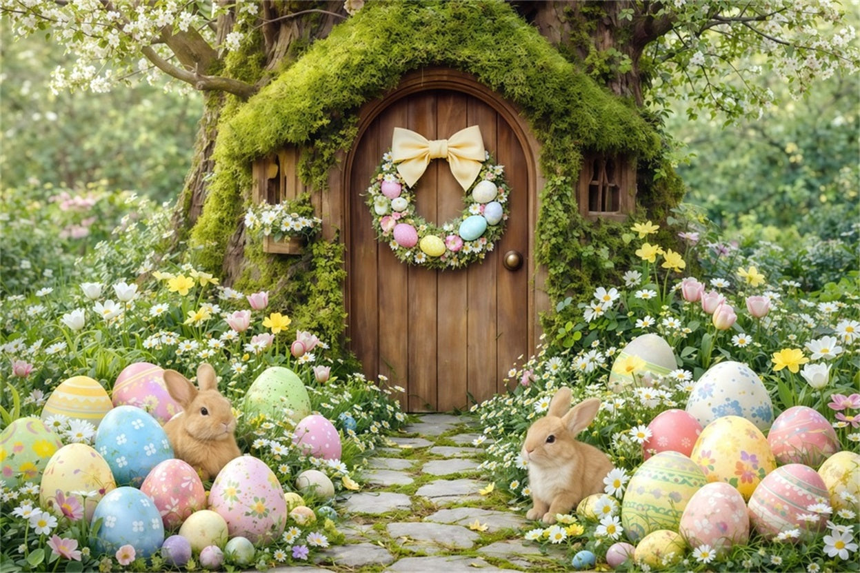 Easter Woodland Path Backdrop Forest Bunny Cottage Painted Eggs Happy Easter Backdrop UK CSH63-12