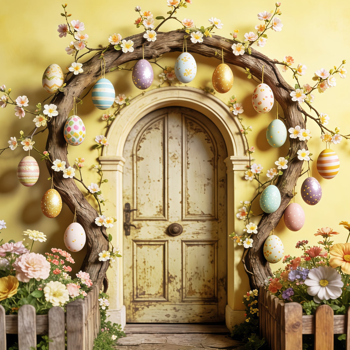 Easter Rustic Backdrop Egg Blossom Wooden Door Arch Easter Backdrops For Pictures UK CSH63-13