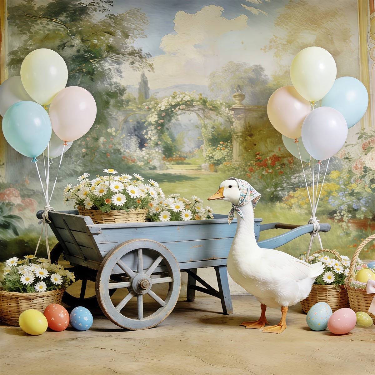 Easter Daisy Backdrop Duck Pastel Balloons Egg Easter Backdrop For Photos UK CSH63-15