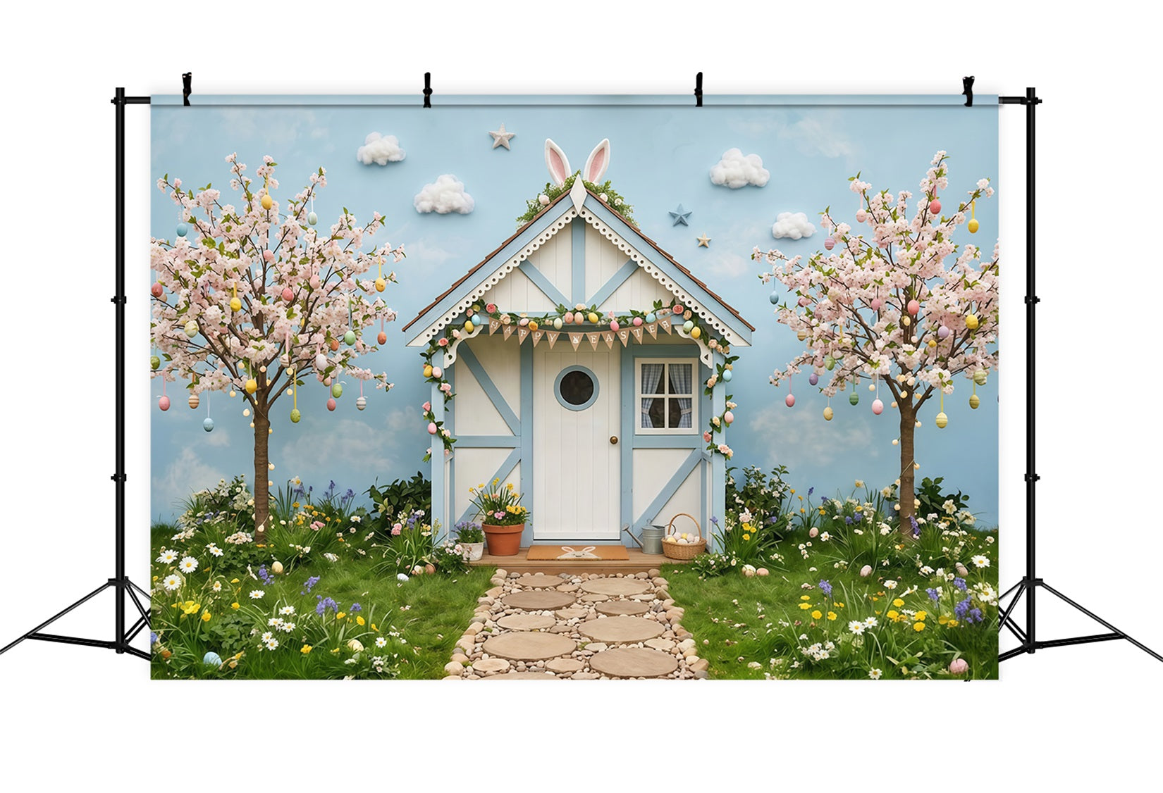 Easter Cherry Blossom Backdrop Spring Bunny Cottage Trees Easter Photo Backdrop UK CSH63-2