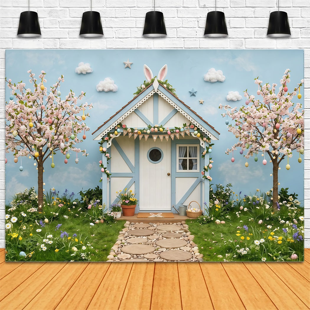 Easter Cherry Blossom Backdrop Spring Bunny Cottage Trees Easter Photo Backdrop UK CSH63-2