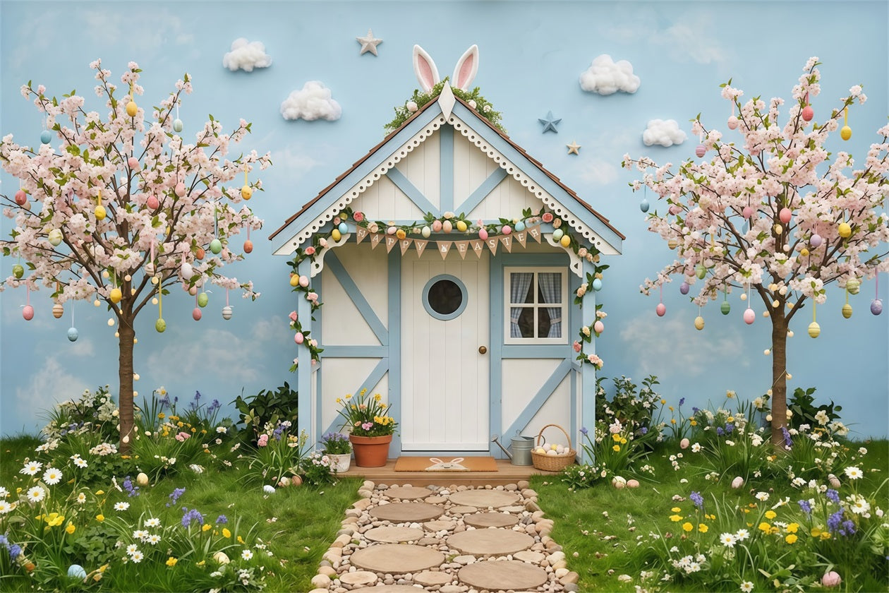 Easter Cherry Blossom Backdrop Spring Bunny Cottage Trees Easter Photo Backdrop UK CSH63-2